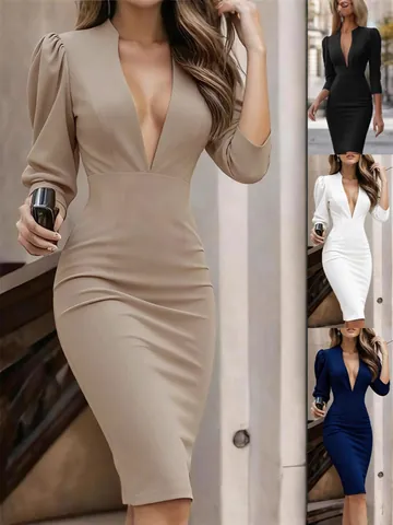 Women Slim Fit V Neck Lantern Sleeve Midi Dress Elegant Solid Color Autumn Winter Knit Bodycon Pencil Dress