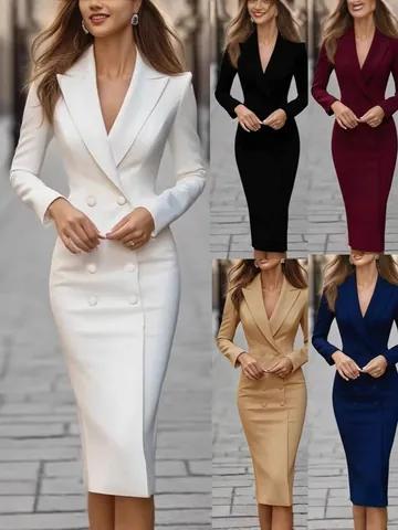 Women's Elegant Double Breasted Blazer Dress Long Sleeve Office Business Formal Midi Dress Slim Fit Polyester Spandex Dress