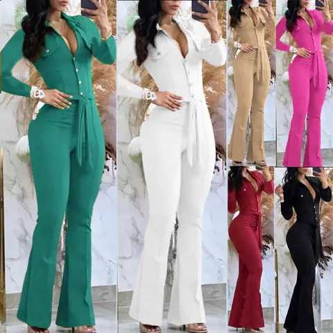 Women Temperament Commuter Long Sleeve Shirt Collar Jumpsuit Flared Leg One Piece Outfit With Waist Belt Autumn Winter Romper