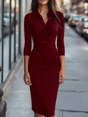 Abito Longuette Aderente Elegante Da Donna Con Colletto E Bottoni Manica Lunga Tinta Unita Autunno Ufficio