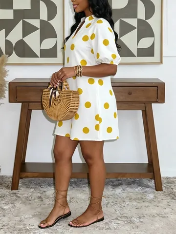 Vestido de Verano para Mujer con Cuello en V Rayado y Lunares Mangas Abullonadas Corte Holgado Línea A Mini Camisero Moda Vacaciones