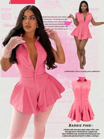 Women Sleeveless Button Lapel Ruffle Hem Romper Jumpsuit Polyester Slim Fit Casual Summer Dress Style Fashion One Piece
