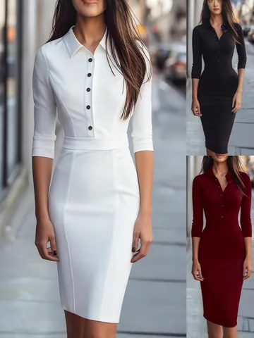 Abito Longuette Aderente Elegante Da Donna Con Colletto E Bottoni Manica Lunga Tinta Unita Autunno Ufficio
