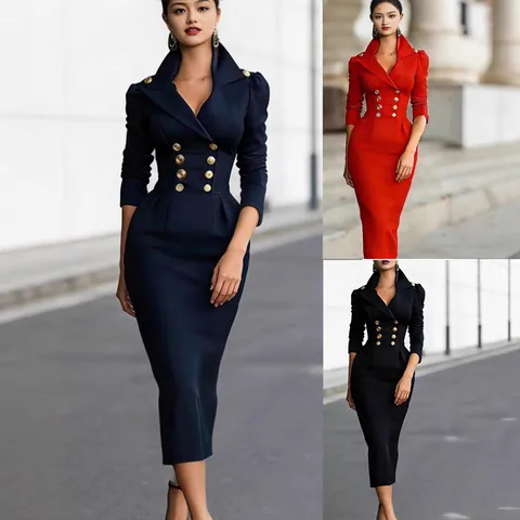 Elegant Double Breasted High Waist Midi Dress Women Long Sleeve Slim Fit Split Business Office Lady Commuter Solid Dress