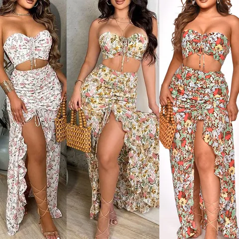 Top E Bottom da Donna con Stampa Floreale Sexy Crop Top con Spalle Scoperte E Gonna Lunga con Spacco Alto E Volant Completo da Spiaggia