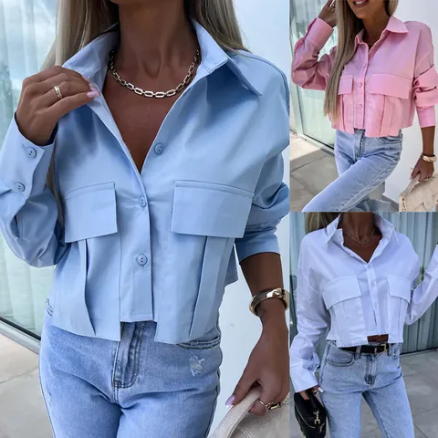Women Batwing Sleeve Cropped Shirt Fashion Loose Solid Button Down Blouse Casual Cargo Pocket Lapel Long Sleeve Top