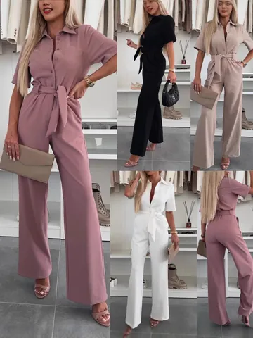 Women Short Sleeve Jumpsuit Shirt Collar Button Down Wide Leg Jumpsuit With Waist Tie Solid Color Polyester One Piece Playsuit