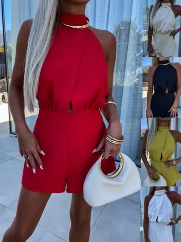 Women's Summer Mock Neck Sleeveless Romper High Waist Straight Leg Polyester Jumpsuit With Metal Ring Cutout Detail