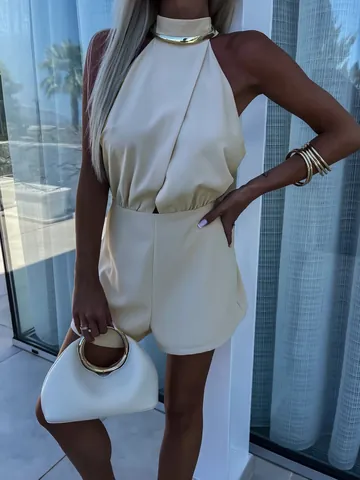 Women's Summer Mock Neck Sleeveless Romper High Waist Straight Leg Polyester Jumpsuit With Metal Ring Cutout Detail
