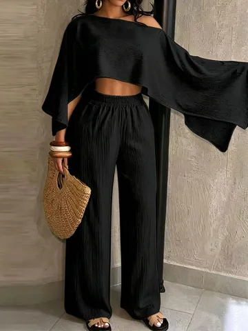 Completo da Donna Sexy per Vacanza al Mare Tinta Unita Monospalla Top e Pantaloni Irregolari Vita Elastica con Tasche in Poliestere