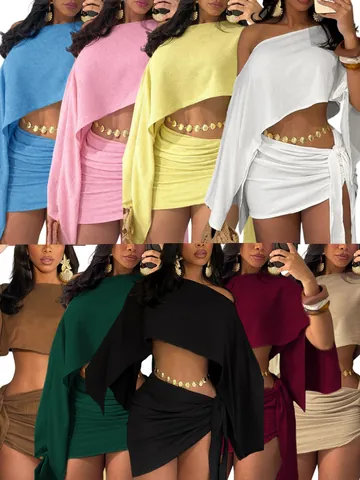 Women Elegant One Shoulder Long Sleeve Crop Top And Ruched Tie Mini Skirt Two Piece Outfits Vacation Clubwear Sets