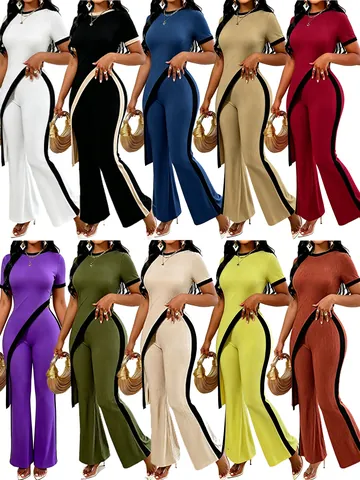 Women's Sexy Ribbed Knit Top And Bottom Asymmetric Cut-out Waist Short Sleeve Shirt And Wide Leg Pants Set Color Block Outfit