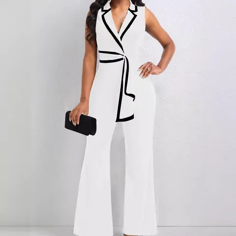 Women's Elegant V-Neck Sleeveless Jumpsuit Polyester Wide Leg Long Pants With Belt Contrast Trim Summer Office Lady Jumpsuit