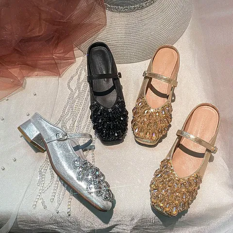 Women Korean Mary Jane Square Toe Block Heel Mules Sparkly Rhinestone Microfiber Slip On Mid Heel Party Dress Shoes