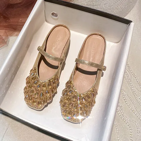 Women Korean Mary Jane Square Toe Block Heel Mules Sparkly Rhinestone Microfiber Slip On Mid Heel Party Dress Shoes