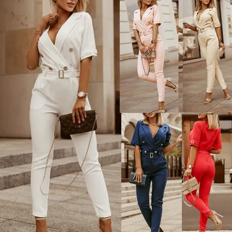 Damen Eleganter Anzugkragen Schmal Geschnittener Jumpsuit Mit Gürtel Doppelreihig Kurzarm Einfarbig Office Lady Langer Strampler