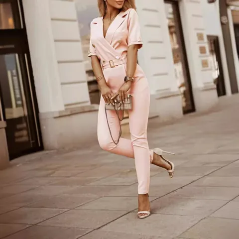 Damen Eleganter Anzugkragen Schmal Geschnittener Jumpsuit Mit Gürtel Doppelreihig Kurzarm Einfarbig Office Lady Langer Strampler