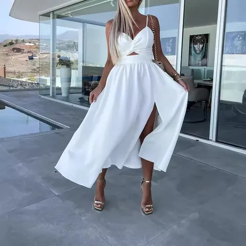 Vestido Midi de Mujer Elegante con Tirantes Finos Sexy Cuello en V Recorte Nudo Torsade Abertura Alta Gran Vuelo Color Sólido Fiesta