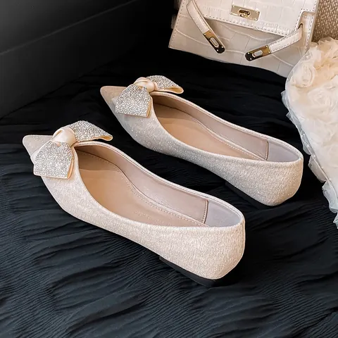 Women Pointed Toe Flat Shoes Elegant Glitter Rhinestone Bow Low Heel Commute Daily Ballerinas Black Apricot Shoes
