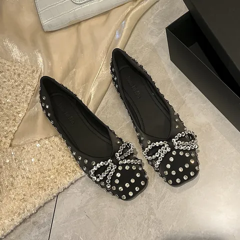 Women Fairy Style Satin Flat Shoes Rhinestone Bow Invisible Height Increase Square Toe Soft Sole Versatile Dress Shoes