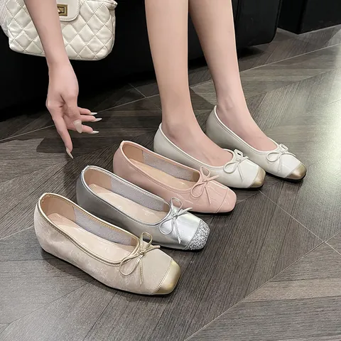 Ballerines à Bout Carré en Cuir Véritable Rétro Français pour Femmes Nœud Talon Compensé Invisible Chaussures de Grand-mère en Cuir Souple Mocassins Élégants