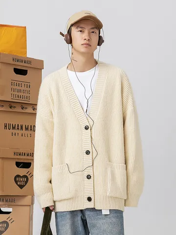 Men Women Japanese Style Heavy Knit Cardigan V Neck Loose Solid Color Ribbed Texture Button Down Sweater Jacket With Pockets