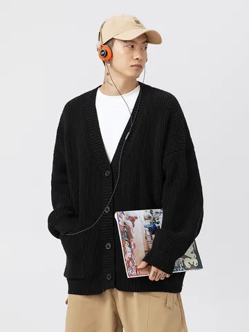 Men Women Japanese Style Heavy Knit Cardigan V Neck Loose Solid Color Ribbed Texture Button Down Sweater Jacket With Pockets