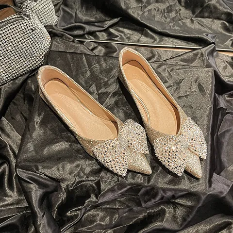 Women Pointed Toe Flats with Sparkling Sequin Rhinestone Bow Elegant Wedding Shoes Glitter Banquet Dress Shoes Gold Silver
