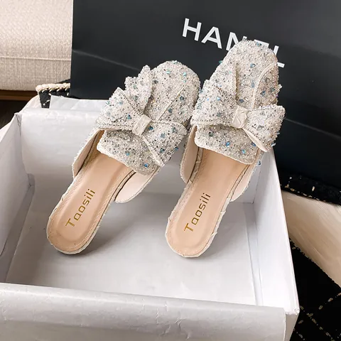 Damen Spitze Mules Flache Hausschuhe Mit Strass Schleife Pailletten Elegante Kleidung Slides Damen Alltag Party Schuhe