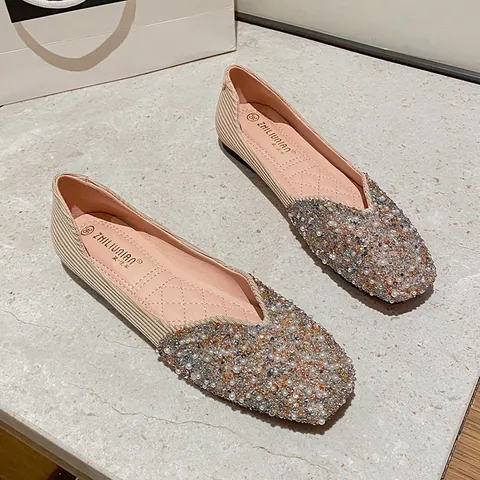 Women's Square Toe Flat Loafers Rhinestone Artificial Pearl Decoration Shallow Mouth Versatile Mules Slip On Walking Shoes