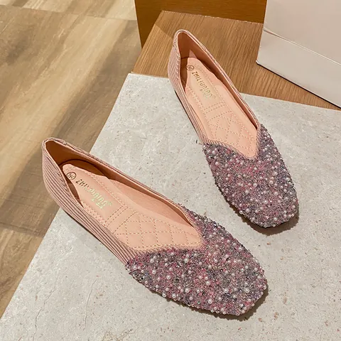 Women's Square Toe Flat Loafers Rhinestone Artificial Pearl Decoration Shallow Mouth Versatile Mules Slip On Walking Shoes