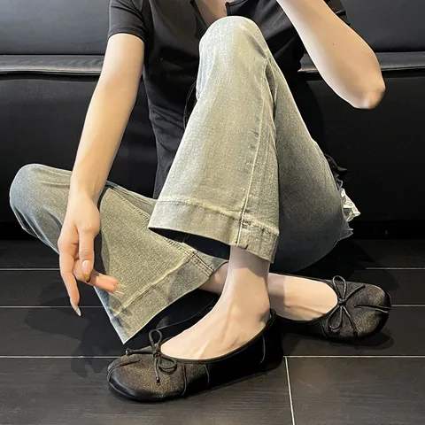 Women's Satin Split Toe Ballet Flats Elegant Bow Tabi Style Flat Shoes Square Toe Shallow Mouth Single Shoes For Ladies