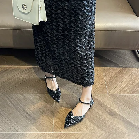 French Style Rhinestone Pointed Toe Low Heel Pumps For Women Ankle Strap Hollow Out Banquet Party Sparkly Dress Shoes