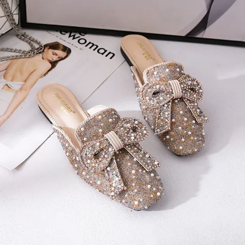 Women Pointed Square Toe Flat Mules PU Rhinestone Artificial Pearl Bow Slip On Lazy Loafers Casual Fashion Shoes For Daily Wear