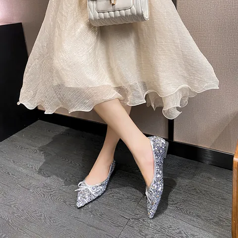 Women Pointed Toe Flats Sparkling Glitter Sequin Ballet Shoes With Bow Knot Shallow Mouth Slip On Daily Party Flats Fashion Footwear