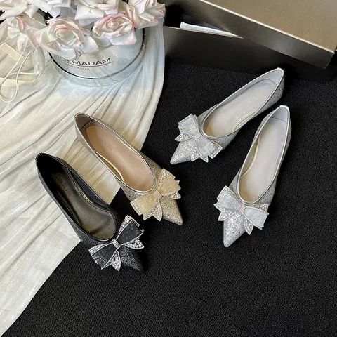Damen Spitz Zulaufende Flache Schuhe Glitzer Pailletten Stoff Strass Schleife Slipper Weiche Sohle Hochzeit Abend Zapatos Planos