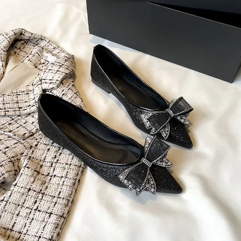 Damen Spitz Zulaufende Flache Schuhe Glitzer Pailletten Stoff Strass Schleife Slipper Weiche Sohle Hochzeit Abend Zapatos Planos