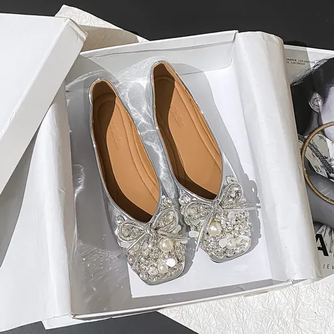 Luxury Microfiber Fairy Style Flat Shoes With Rhinestone Artificial Pearl Bow Hidden Wedge Wedding Bridal Party Ballet Flats