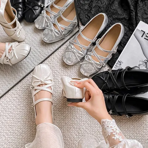 Women's French Ballet Style Mary Jane Shoes Internal Height Increasing Bow Round Toe Buckle Straps Microfiber Casual Single Shoes