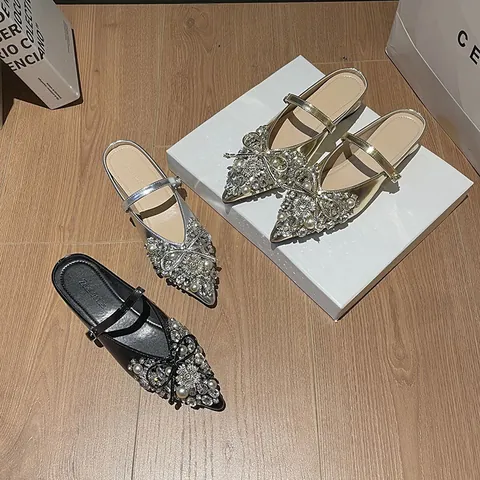 Damen Spitze Flache Pantoletten Strass Künstliche Perle Schleife Feen Stil Spitze Elegante Schuhe Slipper Flache Sandalen