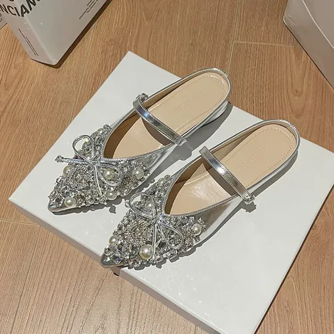 Damen Spitze Flache Pantoletten Strass Künstliche Perle Schleife Feen Stil Spitze Elegante Schuhe Slipper Flache Sandalen