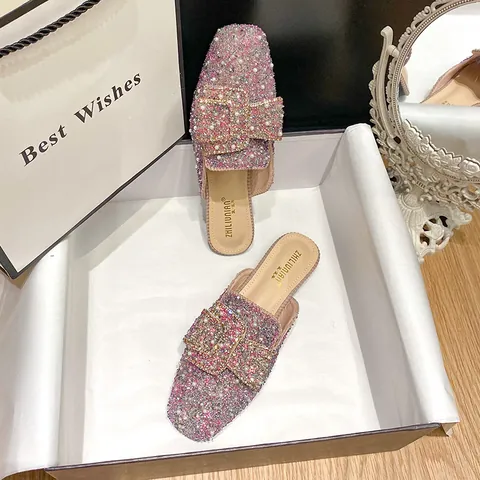 Women's Flat Mules Pointed Toe Linen Rhinestone Artificial Pearl Square Buckle Slip-On Mules Fashion Casual Summer Slides