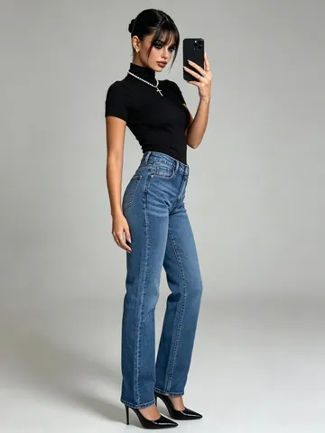 Women American Basic Washed Elastic Straight Denim Jeans Slim Fit Full Length Cotton Blend Trousers Bottoms