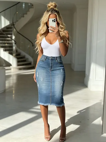 Women High Waist Denim Midi Skirt Distressed Washed A-Line Jeans Skirt With Frayed Hem Slimming Long Sky Blue Denim Skirt
