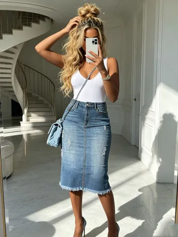 Women High Waist Denim Midi Skirt Distressed Washed A-Line Jeans Skirt With Frayed Hem Slimming Long Sky Blue Denim Skirt