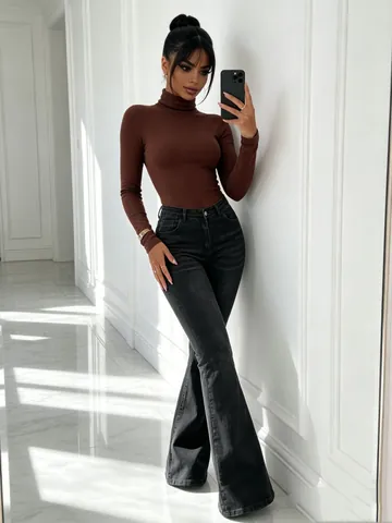 Pantaloni Jeans Svasati Retro a Vita Media da Donna Denim Lavato Grigio Nero Alta Elasticità Slim Fit Casual