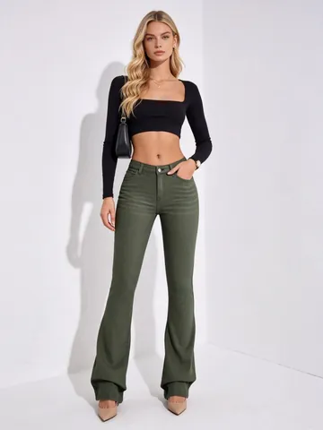 Jeans a Zampa da Donna a Vita Alta Verde Militare Slim Fit Elasticizzati in Denim Eleganti Retrò Push Up Pantaloni a Campana Abbigliamento Casual Quotidiano