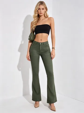 Jeans a Zampa da Donna a Vita Alta Verde Militare Slim Fit Elasticizzati in Denim Eleganti Retrò Push Up Pantaloni a Campana Abbigliamento Casual Quotidiano