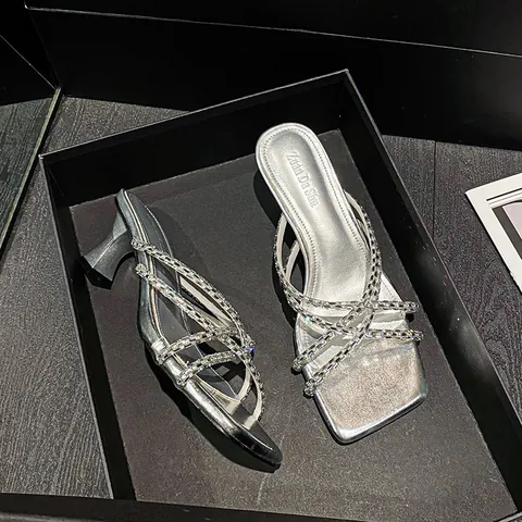 French Style Square Toe Rhinestone Heeled Mules Microfiber Leather Crisscross Straps Fairy Elegant Party High Heel Sandals
