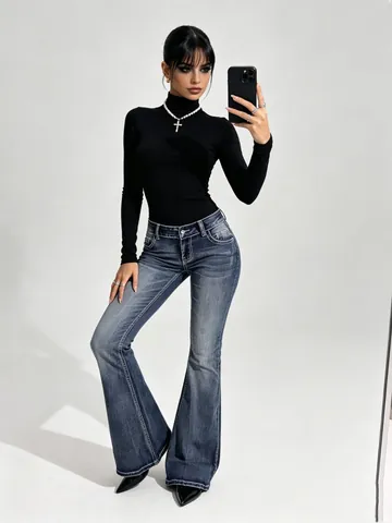 Vintage Washed Flare Jeans For Women Slim Fit Low Waist Floor Length Stretch Denim Pants Y2K Retro Streetwear Blue Jeans